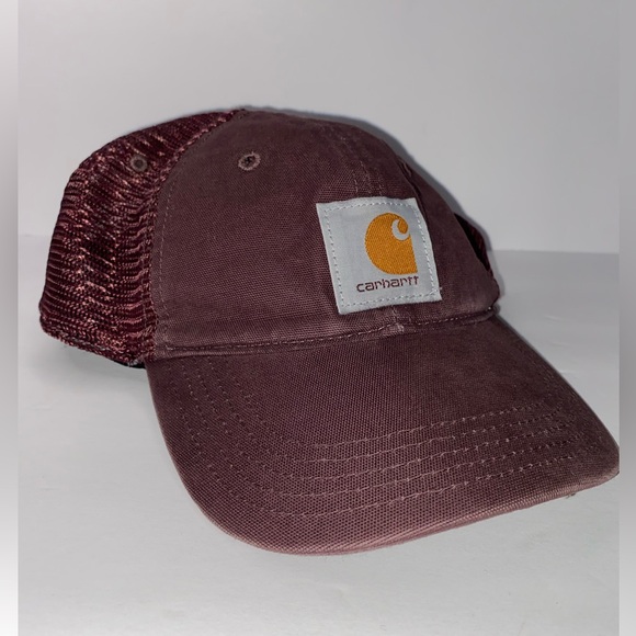 Carhartt Washed Canvas Trucker Hat Burgundy | Mesh Back Adjustable Cap - Picture 6 of 7
